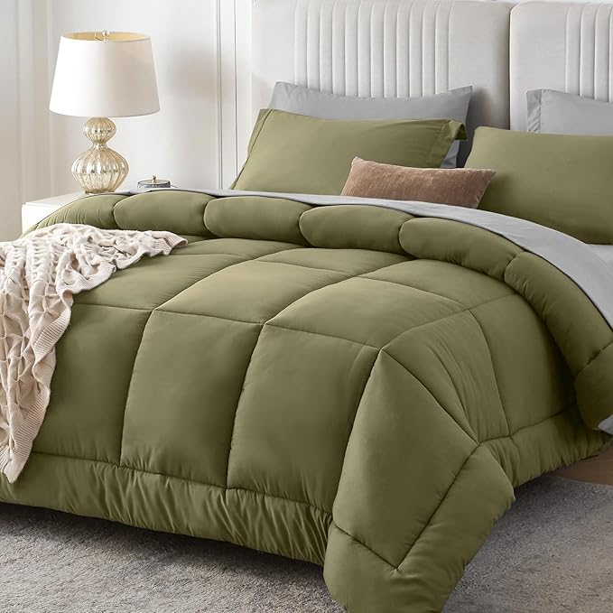 Sasttie Twin Comforter Set, 5 Pieces Reversible Bed in a Bag Twin, Complete Bedding Set Includes Comforter, Flat Sheet, Fitted Sheet, Pillowcase and Pillow Sham, Olive & Light Grey