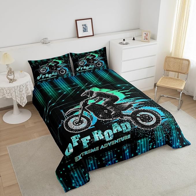 Feelyou Dirt Bike Comforter Set Full Size Extreme Sports Comforter Racing Motocross Rider Bedding Set Motorcycle Duvet Set Room Decor Blue Green Quilt Set