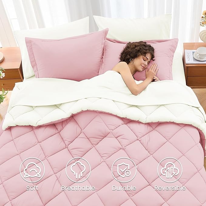 MUXHOMO 7 Pieces King Comforter Set, Reversible Bed in a Bag King Size, All Season Bedding Set with Comforter, Flat Sheet, Fitted Sheet, Pillowcases & Shams, Light Pink & Ivory
