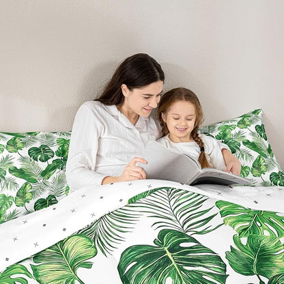 Erosebridal Palm & Monstera Leaves Comforter, Full Size - Lightweight Green & White Hawaiian Bedding Set with 2 Pillow Cases