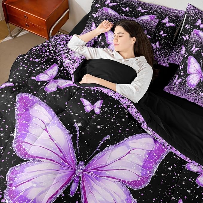 Feelyou Purple Butterfly 7 Piece Bedding Set Glitter Print Comforter Set with Sheets for Kids Boys Girls Pretty Animal Bed in a Bag Beautiful Butterfly Bed Set Soft Lightweight