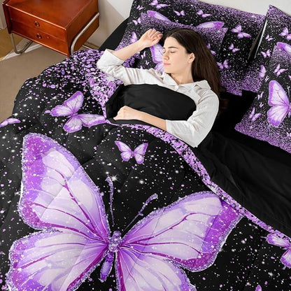 Feelyou Purple Butterfly 7 Piece Bedding Set Glitter Print Comforter Set with Sheets for Kids Boys Girls Pretty Animal Bed in a Bag Beautiful Butterfly Bed Set Soft Lightweight