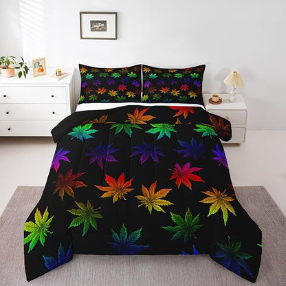 Erosebridal Rainbow Leaf Bedding King, Leaves Comforter Set for Women Girls Men,Nature Botanical Plants Down Comforter,Neon Tie Dye Hippie Bedding Comforter Sets