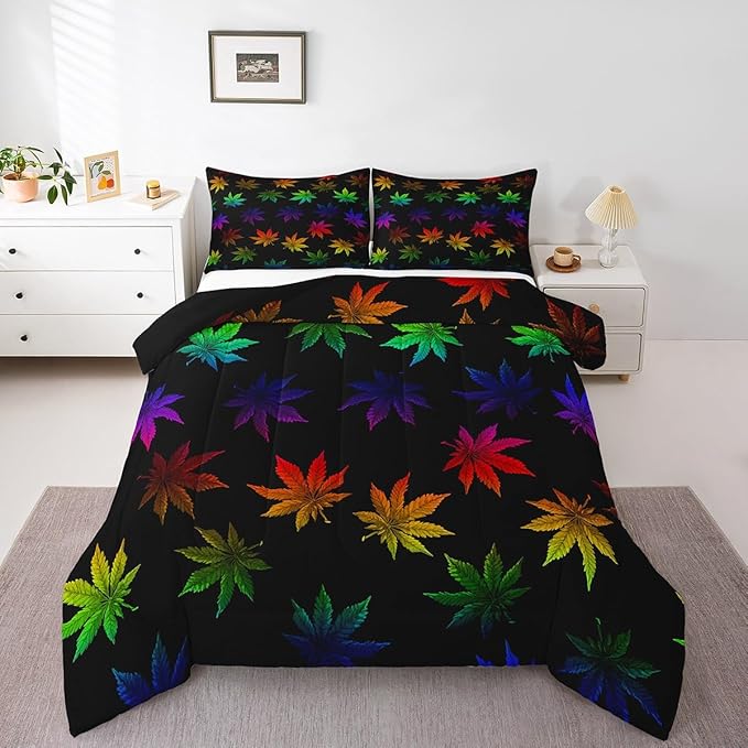 Erosebridal Rainbow Leaf Bedding Full, Leaves Comforter Set for Women Girls Men,Nature Botanical Plants Down Comforter,Neon Tie Dye Hippie Bedding Comforter Sets