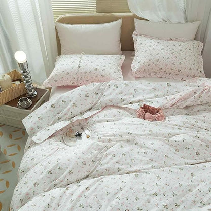 Faincy Floral Queen Size Comforter Set, Pink White Flower Leaf Pattern Printed Preppy Alternative Bedding Sets - 90 x 90 inch 3 PCs Soft Microfiber Duvet Modern Vintage Bed in a Bag for Women Men