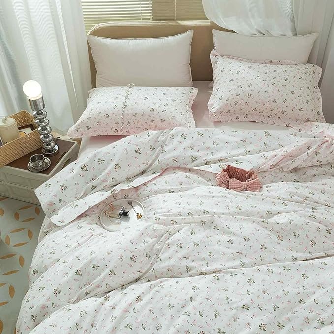 Faincy Floral Twin Size Comforter Set, Pink White Flower Leaf Pattern Printed Preppy Alternative Bedding Sets - 68 x 90 inch XL 2 PCs Soft Microfiber Duvet Modern Vintage Bed in a Bag for Women Men