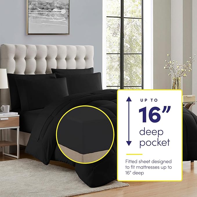 Sweet Home Collection 5 Piece Comforter Set Bag Solid Color All Season Soft Down Alternative Blanket & Luxurious Microfiber Bed Sheets, Black, Twin (Pack of 4)