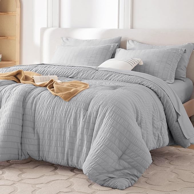MUXHOMO 5 Pieces Twin XL Comforter Set, Seersucker Bed in a Bag Twin XL Size, All Season Luxury Bedding Set with Comforter, Flat Sheet, Fitted Sheet, Pillowcase & Sham, Light Grey