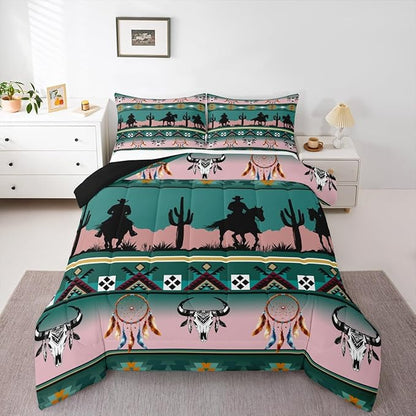 Erosebridal Western Comforter Set Toddler Size, Longhorn Skull Dream Catcher Boho Bedding Set for Kids Boys Teens Adult Bedroom, Cowboy Horse Aztec Quilt Southwestern Geometric Duvet Insert, Green