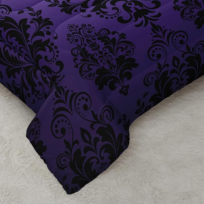 Violet Gothic Floral Print Comforter Set Twin Size,Vintage Damask Floral Bedding Set,Bohemian Exotic Printed Quilted Set for Teens Adult,with 1 Comforter and 2 Pillow Case
