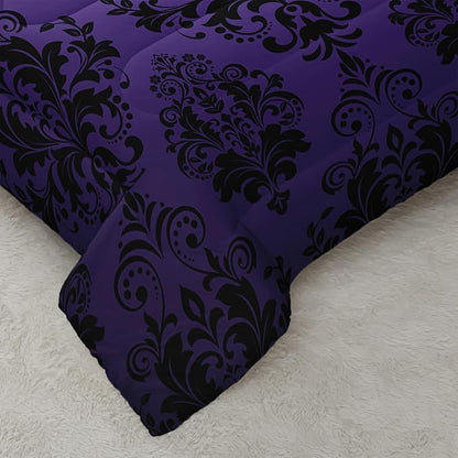 Violet Gothic Floral Print Comforter Set Full Size,Vintage Damask Floral Bedding Set,Bohemian Exotic Printed Quilted Set for Teens Adult,with 1 Comforter and 2 Pillow Case