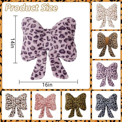 Leopard Print Throw Pillow Furry Bow Plush Pillows Cute Flower Plush Pillow Cheetah Home Decor Stuffed Bow Lumbar Pillow for Bed Couch Living Room Decor (Purple, 16in)