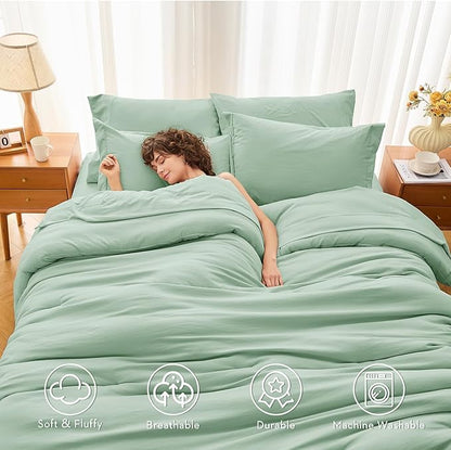 MUXHOMO 7 Pieces California King Comforter Set, Soft Bed in a Bag Cal King Size, All Season Bedding Set with Comforter, Flat Sheet, Fitted Sheet, Pillowcases & Shams, Sage Green