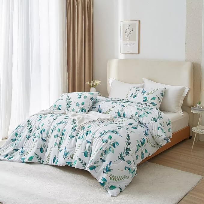 MKXI Rustic Floral Comforter Set White and Blue Full Size Botanical Bedding Comforters Branch Floral Duvet Lightweight Turquoise Leaves Pattern Aesthetic Bed Set 1 Comfortert + 2 Pillowcases