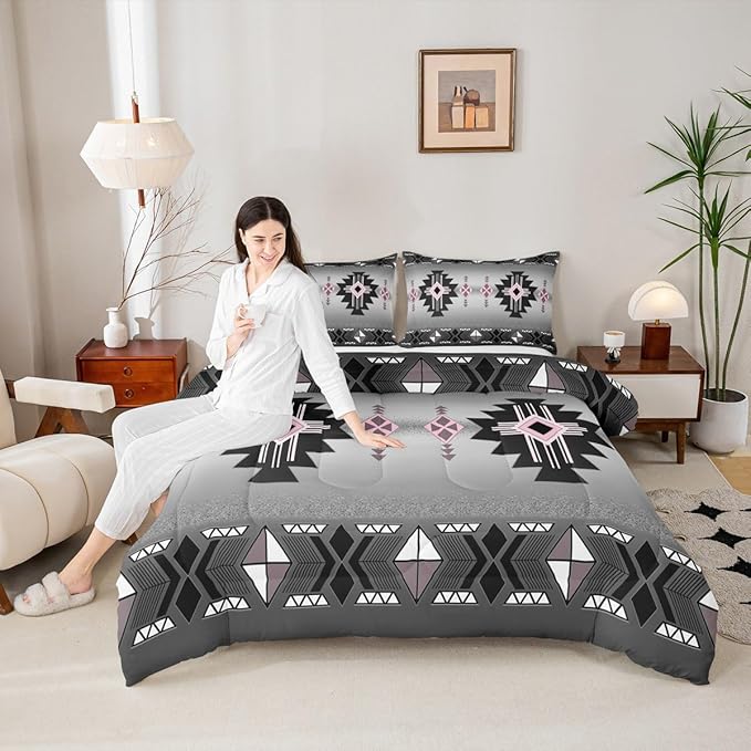 Erosebridal Pink Western Comforter Set Toddler Size, Southwestern Aztec Bedding Set for Boys Teens Men Bedroom, Exotic American Native Bedding Comforter Sets Vintage Bohemian Geometric Quilt, Grey