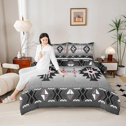 Erosebridal Pink Western Comforter Set Toddler Size, Southwestern Aztec Bedding Set for Boys Teens Men Bedroom, Exotic American Native Bedding Comforter Sets Vintage Bohemian Geometric Quilt, Grey