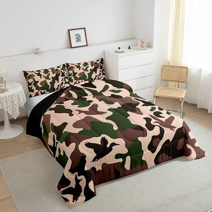 Erosebridal Duck Hunter Comforter Set Toddler Size Camo Bedding for Kids Army Camouflage Hunting Bedding Comforter Sets Vintage Green Black Bedroom Decor Wild Animal Duck Rustic Duvet Insert