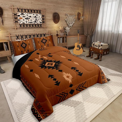 Western Aztec King Size Bedding Set, Native American Navajo Comforter Set For Boys Adult Teens, Southwestern Geometric Duvet Insert Ethnic American Native Quilt Rustic Farmhouse Decor, Brown Black