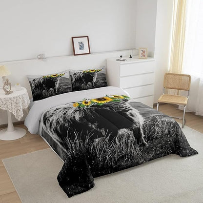 Highland Cow Comforter Set Adult Women Sunflower Cow Print Down Comforter Full Size for Boy Men Bull Cattle with Grey Fur Quilted Duvet Bedroom Decorative Wildlife Farmhouse Cow Bedding Comforters