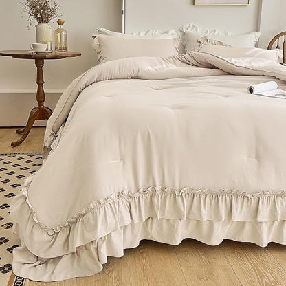 AIKASY Camel Ruffle Comforter Twin, 3 Pieces Vintage Ruffle Fringe Comforter, Farmhouse Rustic Microfiber Down Alternative Bedding Comforter Set (1 Comforter + 2 Pillow Shams)