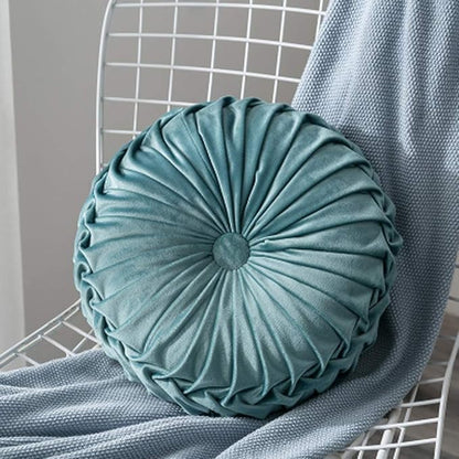 MOCOFO Round Velvet Throw Pillow, Pumpkin Shape Decorative Floor Cushion, Handcrafted Pleated Design, 14 and 16 Inch Diameter, Multiple Colors, Polyester Fill (Teal, 14")