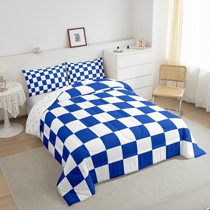 Feelyou Checkered Retro Bedding Set Teen Women Men Blue White Plaid Comforter Set Queen Size Kids Boys Girls Geometric Vintage Duvet Insert Modern Simple Groovy Aesthetic Room Decor