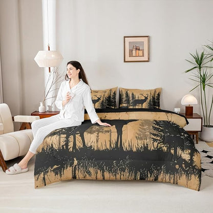 Erosebridal King Size Deer Hunting Comforter Set with Sheets 7 Pcs | Rustic Cabin Lodge Bedding Set for Kids Boys Girls Cute Deer Silhouette Bed in A Bag Country Woodland Farmhouse Quilt Sets