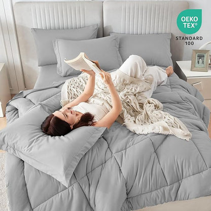 Sasttie Full Size Comforter Sets, 7 Pieces Bed in a Bag Full, Complete Bedding Set Includes Comforter, Flat Sheet, Fitted Sheet, Pillowcases and Pillow Shams, Light Grey