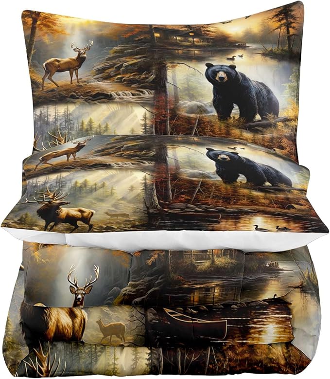 LUVIVIHOME 3PCS Black Bear Deer Comforter Set Queen Size, Elk Moose Mallard Duck Woodland Forest Animal Wildlife Hunting Camo Hunter Country Lodge Rustic Farmhouse Cabin Bedding Sets, 2 Pillow Shams