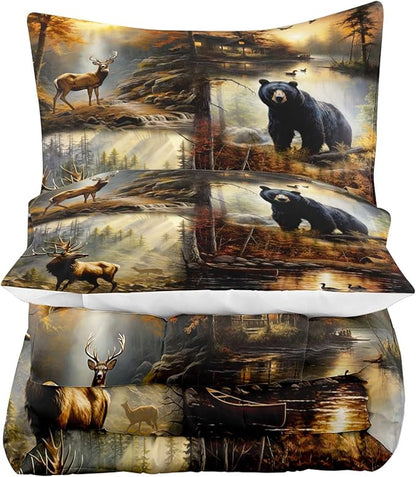 LUVIVIHOME 3PCS Black Bear Deer Comforter Set Queen Size, Elk Moose Mallard Duck Woodland Forest Animal Wildlife Hunting Camo Hunter Country Lodge Rustic Farmhouse Cabin Bedding Sets, 2 Pillow Shams