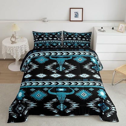 Feelyou Kids Western Decor Bedding Set Toddler Size Southwestern Aztec Comforter Set for Boys Girls Ethnic Tribal Bull Skull Duvet Quilt