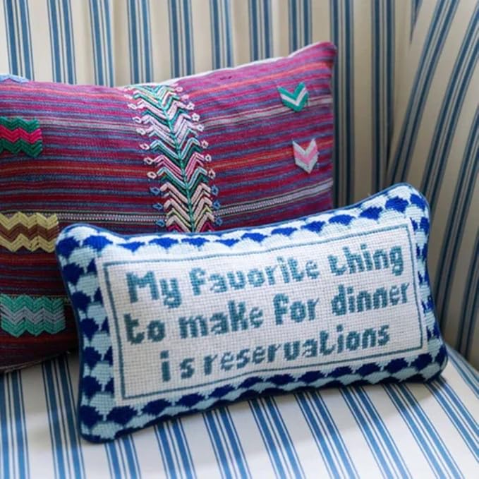FURBISH Needlepoint Decorative Throw Pillow - with Reservations - 8" x 14" - Small Embroidered Accent Pillow for Bed, Chair, Couch, Sofa - Eclectic Home Decor