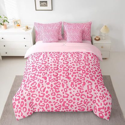 Feelyou Cute Leopard Bedding Set for All Season Cheetah 7 Pieces Comforter Sets Queen Size Teens Room Decor Pink Animal Print Bed in a Bag with Comforter, Sheets, Pillowcases & Cushion Cover