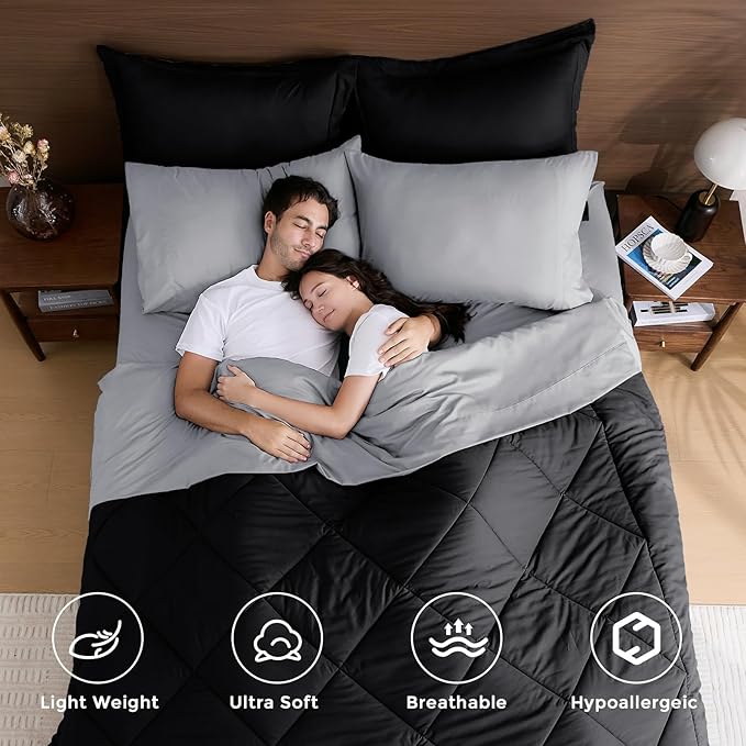 HEVUMYI Twin-XL Comforter Set - 5-Piece All Season Bed in a Bag Twin-XL, Ultra Soft Bedding Set with Comforter, Flat Sheet, Fitted Sheet, Pillowcases, Pillow Shams, Black & Light Grey