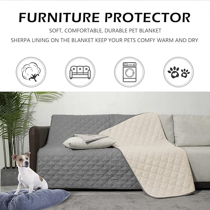 CHHKON Dog Blankets for Couch Protection Waterproof Dog Bed Covers Pet Blanket Furniture Protector (Grey+Ivory, 82"x86")