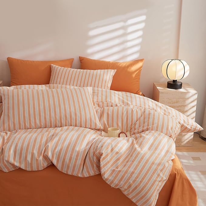 HighBuy King Comforter Set Gingham Geometric Pattern Bedding Set King Orange Striped Plaid Comforter Set Patchwork Design for Women Men All Season Comfortable Bedding Sets Queen Lightweight