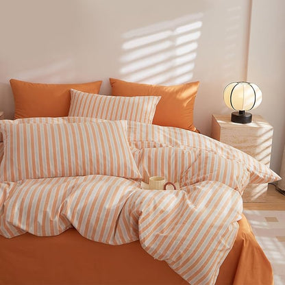 HighBuy King Comforter Set Gingham Geometric Pattern Bedding Set King Orange Striped Plaid Comforter Set Patchwork Design for Women Men All Season Comfortable Bedding Sets Queen Lightweight