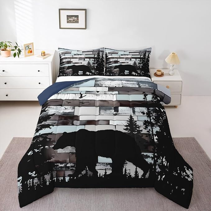 Feelyou Bear Print Bedding Set Wild Animal Comforter Set for Kids Boys Girls Hunting Theme Comforter Pine Trees Retro Quilt Set Bedroom Collection 3Pcs Full Size