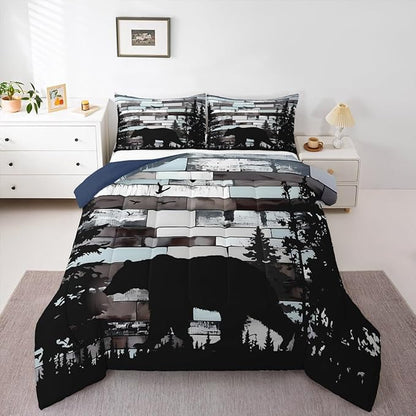 Feelyou Bear Print Bedding Set Wild Animal Comforter Set for Kids Boys Girls Hunting Theme Comforter Pine Trees Retro Quilt Set Bedroom Collection 3Pcs King Size