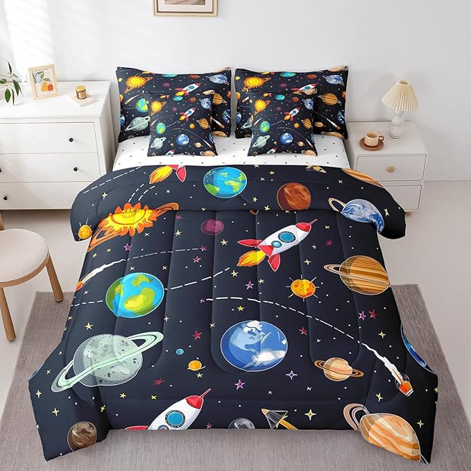 Erosebridal 7 Pcs Galaxy Comforter Set Full Size,Cartoon Out Space Planet Bed in a Bag with Flat Fitted Sheet for Kids and Adults,Stars Sun Earth Bedding Set with Pillowcases and Cushion Cases