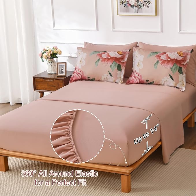 Dobuyly King Size Comforter Set Coral Pink 7 Piece Bed in a Bag, Pink Floral Bedding Set for Girls Women, Soft Microfiber Bed Set with Comforter, Sheets, Pillowcases & Shams