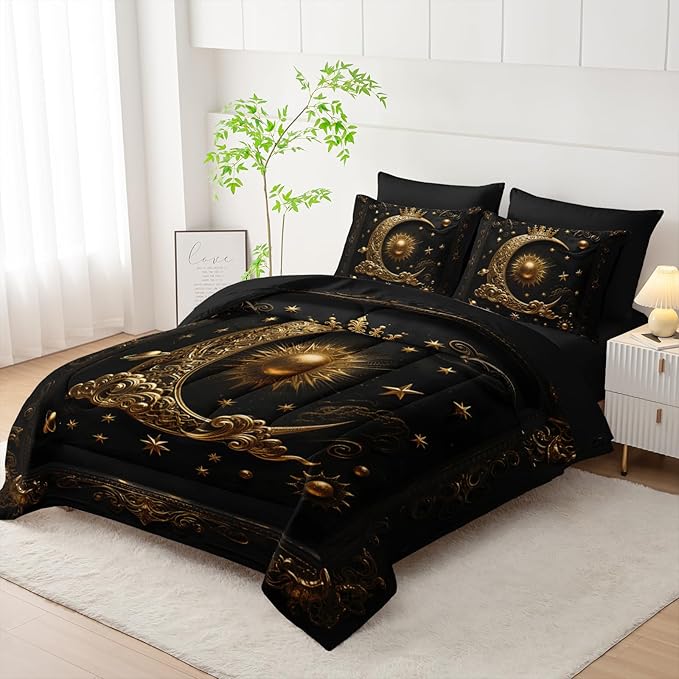 7 Piece Black and Gold Galaxy Comforter Set Queen Size，Sun and Moon Bedding Set Queen，(1 Comforter, 1 Flat Sheet, 1 Fitted Sheet, 2 Pillowcase and 2 Pillow Sham)，Astrology Bedroom Decor