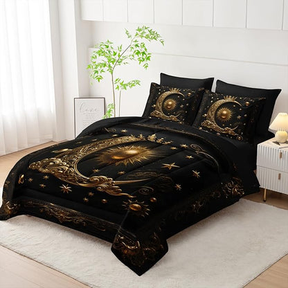 7 Piece Black and Gold Galaxy Comforter Set Queen Size，Sun and Moon Bedding Set Queen，(1 Comforter, 1 Flat Sheet, 1 Fitted Sheet, 2 Pillowcase and 2 Pillow Sham)，Astrology Bedroom Decor