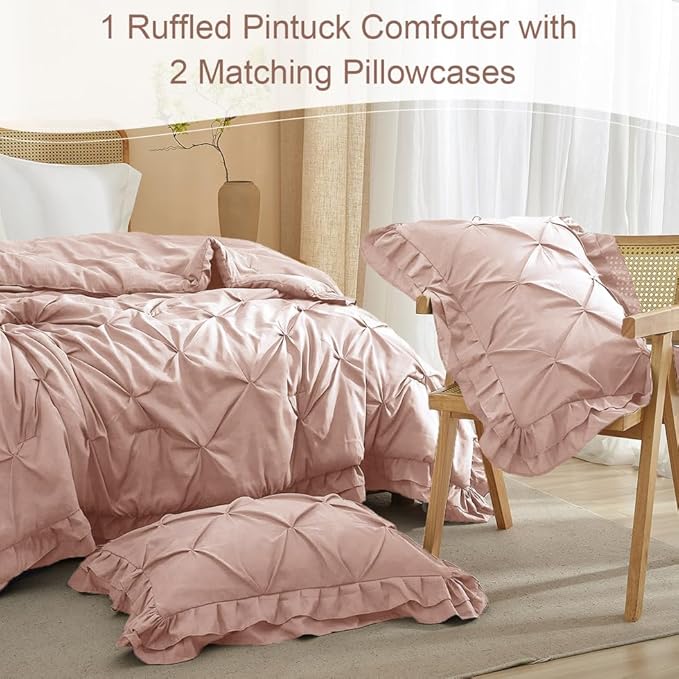 AMWAN Ruffled Pintuck Shabby Chic Farmhouse Comforter Set King Size 3 PCS (1 Solid Ruffled Comforter with 2 Pillowcases) Soft Fluffy Pinch Pleated Comforter Set All Seasons Comforter Set Dusty Rose