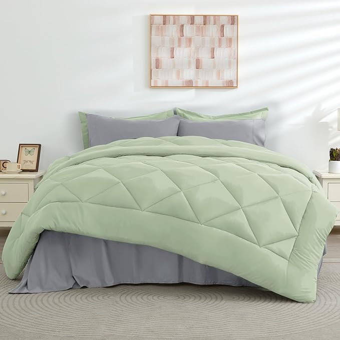 HEVUMYI King Comforter Set - 7-Piece All Season Bed in a Bag King, Ultra Soft Bedding Set with Comforter, Flat Sheet, Fitted Sheet, Pillowcases, Pillow Shams, Sage Green & Light Grey