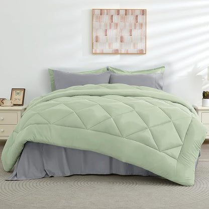 HEVUMYI King Comforter Set - 7-Piece All Season Bed in a Bag King, Ultra Soft Bedding Set with Comforter, Flat Sheet, Fitted Sheet, Pillowcases, Pillow Shams, Sage Green & Light Grey