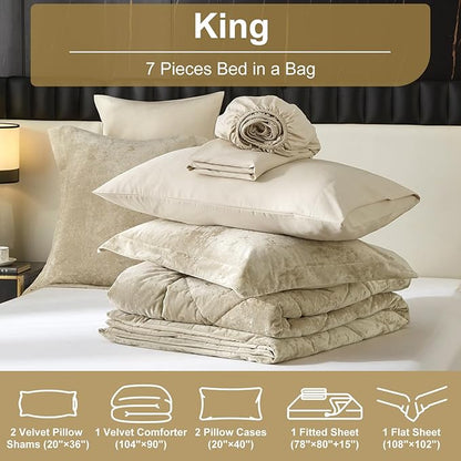 Ivellow King Comforter Set 7 Pieces Bed in a Bag Crushed Velvet Comforter Set Flannel King Beige Comforter Ultra Soft Breathable Luxury Soft Warm Winter Bedding Set with Sheets, Pillowcases & Shams