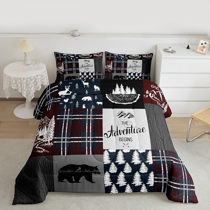 Retro Cabin Bedding For Kids, Rustic Adventure Bear Deer Moose Comforter Set Full Size, Camping Hunting Wild Animal Bedding Comforter Sets Geometric Patchwork Lodge Decor Quilt Deer Decor For Home