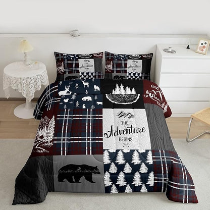 Retro Cabin Bedding For Kids, Rustic Adventure Bear Deer Moose Comforter Set Full Size, Camping Hunting Wild Animal Bedding Comforter Sets Geometric Patchwork Lodge Decor Quilt Deer Decor For Home