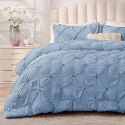 BEDELITE Cornflower Blue Queen Comforter Set - 3 Pieces Boho Pintuck Bedding Comforter Sets, Lightweight Soft & Warm Bed Comforter Queen with 2 Pillowcases for All Season